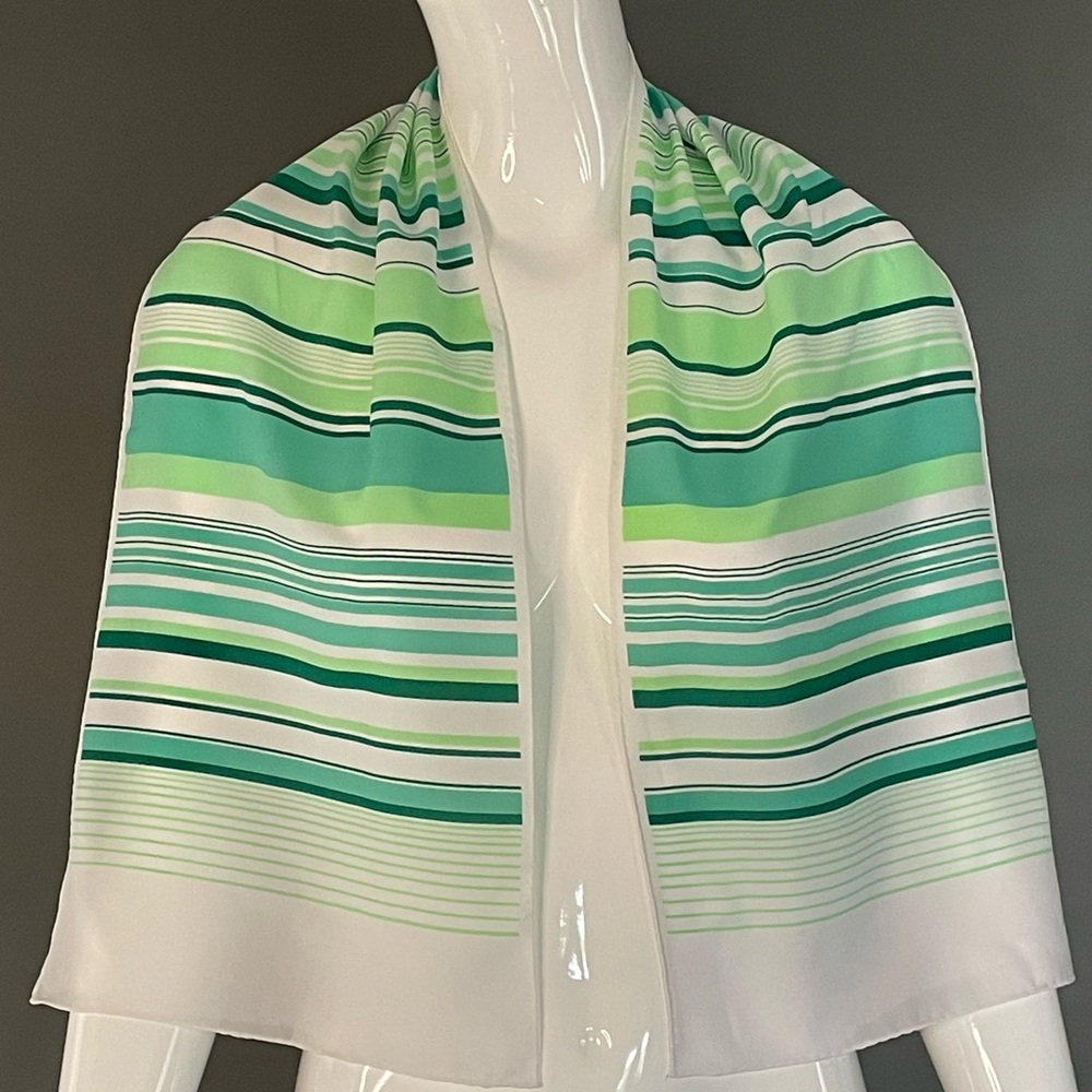 Super Cute Vintage Greens Stripes Poly Scarf 10 In by 46 Exc Condition - Picture 2 of 8